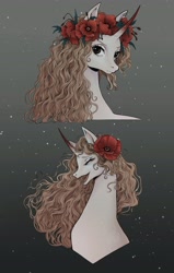 Size: 2236x3508 | Tagged: safe, artist:fridagloria, oc, oc only, pony, unicorn, bust, eyes closed, female, floral head wreath, flower, flower in hair, gradient background, high res, looking at you, mare, open mouth, open smile, smiling, snow, snowfall, solo