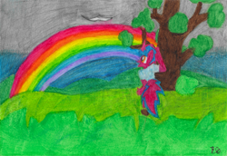 Size: 4468x3082 | Tagged: safe, artist:acid flask, oc, oc only, oc:acid flask, pony, unicorn, zebra, zebracorn, cloud, curved horn, grass, happy, hill, horn, long tail, orange eyes, painting, png, rain, rainbow, signature, smiling, solo, tail, traditional art, tree, unicorn oc, watercolor painting, zebra oc