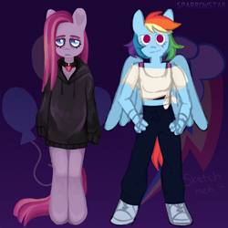 Size: 1080x1080 | Tagged: safe, artist:vtya, pinkie pie, rainbow dash, earth pony, pegasus, anthro, unguligrade anthro, g4, blue coat, choker, clothes, converse, cutie mark background, duo, eyebrows, eyelashes, eyeliner, female, hand on hip, heart, hoodie, jewelry, lidded eyes, makeup, midriff, multicolored hair, no pants, no pupils, pants, pink coat, pink hair, pink tail, pinkamena diane pie, rainbow hair, rainbow tail, shoes, sneakers, tail, tank top