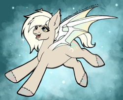 Size: 2130x1730 | Tagged: safe, artist:sweetpea-and-friends, oc, oc:echo shriek, bat pony, pony, bat pony oc, bat wings, brown coat, ear fluff, ear tufts, female, night, night sky, open mouth, sky, solo, spread wings, stars, white mane, wings