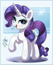 Size: 950x1170 | Tagged: safe, artist:joakaha, rarity, pony, unicorn, g4, blue eyes, curly mane, dialogue, eyebrows, eyelashes, eyeshadow, female, horn, looking at you, makeup, mare, open mouth, open smile, purple mane, raised hoof, smiling, solo, unicorn horn