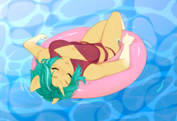 Size: 1171x802 | Tagged: safe, artist:bylullabysoft, oc, oc:depth chaser, unicorn, anthro, breasts, cleavage, clothes, coat markings, eyebrows, eyelashes, eyes closed, floating, green hair, horn, inner tube, legs together, orange coat, pool toy, relaxed, relaxing, short hair, sleeping, socks (coat markings), solo, swimsuit, unicorn horn, unicorn oc, water