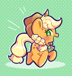 Size: 1863x1959 | Tagged: safe, artist:typhwosion, applejack, earth pony, pony, g4, blushing, braid, braided pigtails, chibi, cute, female, jackabetes, mare, open mouth, open smile, patterned background, pigtails, smiling, solo, starry eyes, wingding eyes