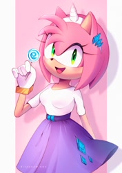 Size: 1414x2000 | Tagged: safe, artist:ritadrawings, rarity, hedgehog, anthro, equestria girls, g4, amy rose, barely pony related, beautiful, candy, clothes, clothes swap, cosplay, costume, crossover, cute, food, gloves, hairband, lollipop, no pony, open mouth, rarity's clothes, shirt, skirt, solo, sonic the hedgehog (series)