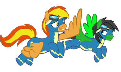 Size: 2867x1707 | Tagged: safe, artist:star-armour95, oc, oc only, oc:firey ratchet, oc:star armour, pegasus, pony, clothes, flying, male, simple background, transparent background, uniform, wings, wonderbolts, wonderbolts uniform