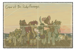 Size: 1500x1000 | Tagged: safe, alternate version, artist:nukepony360, oc, oc only, oc:bruce ironjaw, oc:peppermint patty, oc:ruby cutlass, oc:sandy skye, oc:silver spanner, oc:tiger lily, dracony, dragon, earth pony, hybrid, pegasus, pony, unicorn, amputee, apron, art trade, bandana, clothes, complex background, ear piercing, earring, effects, female, full body, group photo, jewelry, male, map, mare, pier, piercing, pirate, prosthetic horn, prosthetic limb, prosthetics, sepia, shading, stallion, sunset, sword, weapon