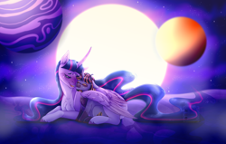 Size: 1280x813 | Tagged: safe, artist:brushielovesu, twilight sparkle, oc, oc:shrapnel shiver sparkle, alicorn, pony, unicorn, g4, chest fluff, colt, duo, eyes closed, female, floppy ears, foal, lying down, magical lesbian spawn, male, mother and child, mother and son, nuzzling, offspring, parent:tempest shadow, parent:twilight sparkle, parents:tempestlight, planet, prone, space, sun, trans male, transgender, twilight sparkle (alicorn)