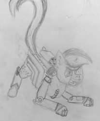 Size: 1279x1545 | Tagged: safe, artist:resu, derpibooru exclusive, oc, oc only, oc:blackjack, cyborg, pony, unicorn, fallout equestria, fallout equestria: project horizons, cybernetic legs, engine, fanfic art, sketch, solo, traditional art