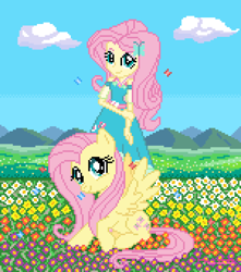 Size: 750x850 | Tagged: safe, artist:gonicfanfic, fluttershy, butterfly, equestria girls, g4, clothes, dress, flower, flower field, fluttershy boho dress, geode of fauna, looking at you, magical geodes, pixel art, self paradox, self ponidox, smiling, smiling at you