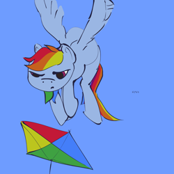 Size: 3000x3000 | Tagged: safe, artist:rapt, rainbow dash, pegasus, pony, g4, colored, colored sketch, flat colors, flying, high res, kite, simple background, sketch, solo, suspicious