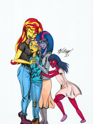 Size: 781x1031 | Tagged: safe, artist:masterdarhil, sci-twi, sunset shimmer, twilight sparkle, oc, oc:aurora shimmer, oc:sunna sparkle, equestria girls, g4, eyeroll, family, fanfic art, female, group hug, hug, lesbian, magical lesbian spawn, marker drawing, married couple, offspring, parent:sci-twi, parent:sunset shimmer, parents:scitwishimmer, ship:sci-twishimmer, ship:sunsetsparkle, shipping, signature, smiling, traditional art