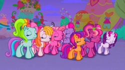 Size: 1280x720 | Tagged: safe, screencap, cheerilee (g3), pinkie pie (g3), rainbow dash (g3), scootaloo (g3), starsong, sweetie belle (g3), toola-roola, g3, g3.5, twinkle wish adventure, braid, core seven, eyes closed, frown, hair, missing cutie mark, night, night sky, pigtails, sky, tail