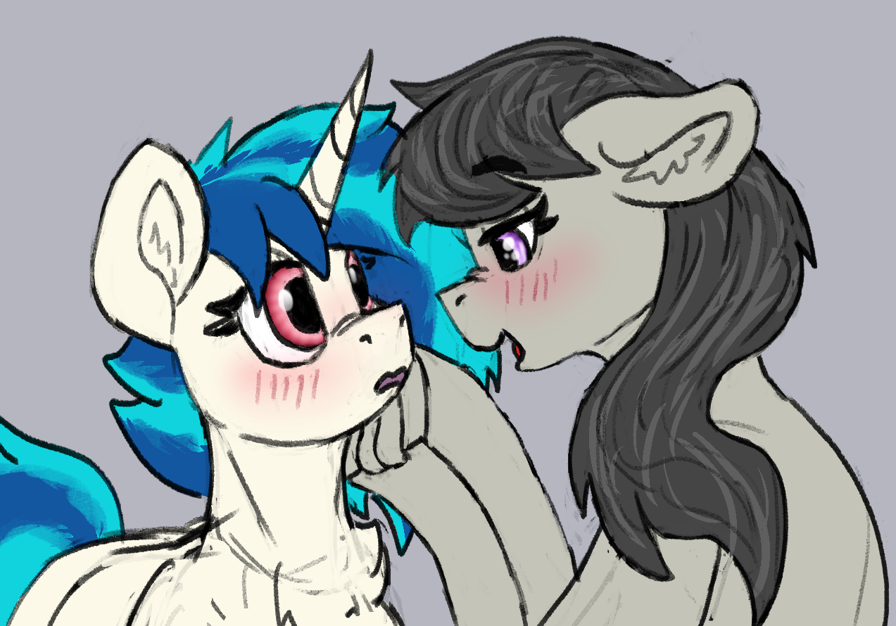 [bedroom eyes,blushing,dj pon-3,duo,earth pony,eyebrows,female,floppy ears,g4,lesbian,mare,missing accessory,open mouth,pony,safe,shipping,simple background,unicorn,vinyl scratch,looking at each other,ear fluff,octavia melody,underhoof,no glasses,frog (hoof),smiling,gray background,hoof on chin,eyebrows visible through hair,open smile,hoofbutt,looking at someone,blush lines,artist:reddthebat,ship:scratchtavia]