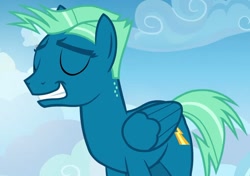 Size: 1257x883 | Tagged: safe, screencap, sky stinger, pegasus, pony, g4, top bolt, cloud, eyes closed, grin, male, shit eating grin, smiling, smug, solo, stallion