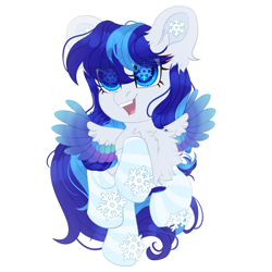 Size: 2500x2500 | Tagged: safe, artist:medkit, oc, oc only, oc:snowflake flower, pegasus, pony, accessory, blue eyes, blue mane, blue tail, cel shading, chest fluff, chibi, clothes, colored eyebrows, colored eyelashes, colored lineart, colored pupils, colored wings, ear fluff, ears up, eye clipping through hair, eyebrows, eyebrows visible through hair, eyes open, feathered wings, female, fringe, full body, gradient wings, high res, lightly watermarked, long mane, long tail, looking at something, mare, multicolored wings, open mouth, open smile, paint tool sai 2, pegasus oc, shading, shoulder fluff, signature, simple background, smiling, snow, snowflake, socks, solo, speedpaint, speedpaint available, spread wings, striped socks, tail, teeth, tongue out, two toned mane, two toned tail, wall of tags, watermark, white background, wingding eyes, wings