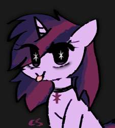 Size: 878x970 | Tagged: safe, artist:cutiesparke, twilight sparkle, pony, unicorn, g4, :p, alternate hairstyle, bags under eyes, choker, collar, cutie mark eyes, dark background, eye clipping through hair, female, looking at you, mane swap, sitting, solo, tongue out, unicorn twilight, wingding eyes
