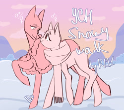Size: 1985x1751 | Tagged: safe, artist:ruru_01, oc, oc only, alicorn, earth pony, pegasus, pony, unicorn, advertisement, boop, clothes, coat, commission, concave belly, couple, duo, full body, looking at each other, looking at someone, noseboop, scarf, slender, smiling, smiling at each other, snow, thin, your character here