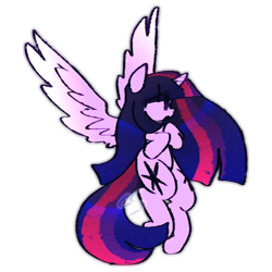 Size: 2200x2200 | Tagged: safe, artist:cutiesparke, twilight sparkle, alicorn, pony, g4, alternate design, both cutie marks, colored wings, female, flying, gradient hair, gradient wings, high res, hooves to the chest, hooves up, lightly watermarked, looking offscreen, open mouth, shiny hair, simple background, solo, sparkly mane, spread wings, transparent background, twilight sparkle (alicorn), watermark, wings