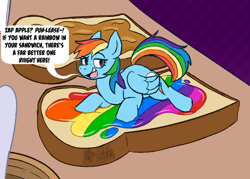 Size: 700x500 | Tagged: safe, artist:ifra, rainbow dash, pegasus, pony, g4, apple, bread, dialogue, food, foodplay, imminent vore, jam, micro, peanut butter, ponies in food, smiling, solo, tiny, tiny ponies, toast, willing prey, zap apple, zap apple jam