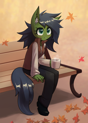 Size: 1000x1407 | Tagged: safe, artist:howxu, oc, oc only, oc:gray hat, anthro, anthro oc, bench, commission, leaves, mug, solo