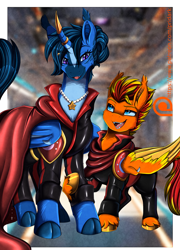 Size: 2451x3409 | Tagged: safe, artist:pridark, oc, oc only, oc:fireheart(fire), oc:queen lunaris, alicorn, bat pony, bat pony alicorn, pony, bat pony oc, bat wings, cape, clothes, countershading, duo, female, fireheart76's latex suit design, height difference, high res, horn, latex, latex suit, male, prisoners of the moon, rubber, rubber suit, wings