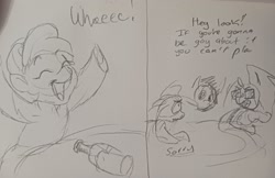 Size: 2048x1326 | Tagged: safe, artist:pony quarantine, oc, oc only, oc:dyx, alicorn, pony, 2 panel comic, bottle, comic, dialogue, drawn together, female, filly, foal, grayscale, monochrome, pencil drawing, spin the bottle, traditional art, trio