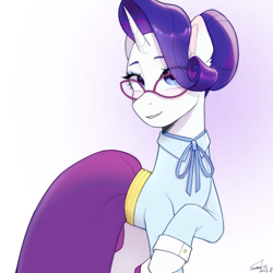 Size: 2048x2048 | Tagged: safe, artist:xiaowu07, rarity, pony, unicorn, g4, school daze, clothes, dress, eyeshadow, female, glasses, gradient background, high res, looking at you, makeup, mare, schoolmarm rarity, smiling, solo