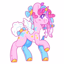 Size: 2500x2500 | Tagged: safe, artist:cocopudu, oc, oc only, oc:wishful dreaming, alicorn, original species, plush pony, pony, bow, chest fluff, cloven hooves, dreadlocks, female, high res, looking at you, mare, neopronouns, plushie, simple background, smiling, smiling at you, solo, tail, tail bow, white background