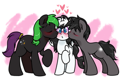 Size: 1750x1200 | Tagged: safe, artist:paperbagpony, oc, oc only, earth pony, pony, unicorn, abstract background, blushing, cheek kiss, floating heart, heart, kiss sandwich, kissing, tail, tail band, trio