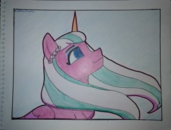 Size: 3544x2705 | Tagged: safe, artist:alejandrogmj, opaline arcana, alicorn, pony, g5, bust, eyebrows, eyeshadow, female, folded wings, high res, looking away, looking up, makeup, mare, no pupils, passepartout, photo, signature, sketchbook, smiling, solo, traditional art, windswept mane, wings