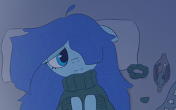Size: 1020x642 | Tagged: safe, artist:castafae, oc, oc only, oc:babbling brook, bird, duck, earth pony, pony, clothes, depressed, gradient background, hair over one eye, lying down, messy mane, on back, plushie, solo, sweater, tired