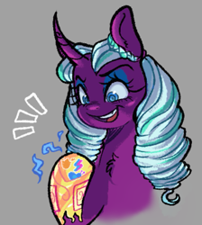 Size: 603x674 | Tagged: safe, artist:kreeeeeez, opaline arcana, alicorn, pony, g5, colorful, eyebrows, eyeshadow, female, gray background, infinity gauntlet, makeup, mare, marvel, open mouth, open smile, simple background, smiling, solo