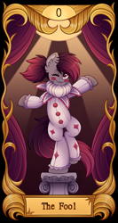 Size: 2500x4710 | Tagged: safe, artist:madelinne, oc, oc only, oc:madelinne, earth pony, pony, clothes, clown, earth pony oc, solo, stage, tarot, tarot card, tarot cards by madelinne