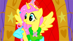 Size: 1056x594 | Tagged: artist needed, safe, edit, edited screencap, screencap, fluttershy, alicorn, pony, g4, magical mystery cure, alicornified, big crown thingy, character swap, element of kindness, female, fluttercorn, jewelry, mare, princess fluttershy, race swap, regalia, solo