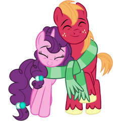 Size: 864x925 | Tagged: safe, artist:ementy344shiney45, edit, big macintosh, sugar belle, earth pony, pony, unicorn, g4, the perfect pear, clothes, duo, duo male and female, eyes closed, female, happy, male, mare, scarf, shared clothing, shared scarf, ship:sugarmac, shipping, simple background, smiling, snuggling, stallion, straight, striped scarf, transparent background