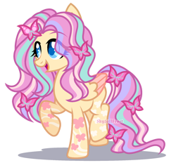 Size: 1550x1440 | Tagged: safe, artist:mint-light, artist:skyfallfrost, oc, oc only, butterfly, pegasus, pony, base used, blue eyes, colored pupils, colored wings, colored wingtips, female, folded wings, lightly watermarked, mare, not fluttershy, open mouth, raised hoof, simple background, smiling, solo, standing on two hooves, transparent background, watermark, wings