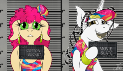 Size: 2500x1450 | Tagged: safe, artist:jamescorck, oc, oc only, oc:cotton bucket, oc:movie slate, earth pony, pony, unicorn, barbie mugshot meme, cap, commission, duo, female, floppy ears, hat, hoof hold, looking at you, mare, meme, mugshot, open mouth, open smile, sign, smiling, smiling at you, visor cap