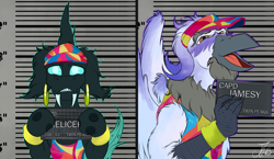 Size: 2500x1450 | Tagged: safe, artist:jamescorck, oc, oc only, oc:chelicera, oc:jamesy, changeling, griffon, barbie mugshot meme, changeling oc, commission, duo, ear piercing, earring, griffon oc, hoof hold, hooped earrings, jewelry, male, meme, mugshot, piercing, sign, visor cap