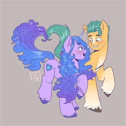 Size: 2700x2700 | Tagged: safe, alternate version, artist:twillow, hitch trailblazer, izzy moonbow, earth pony, pony, unicorn, g5, blushing, bracelet, duo, duo male and female, female, friendship bracelet, high res, jewelry, long mane, looking at each other, looking at someone, male, mare, ship:moontrail, shipping, signature, simple background, stallion, straight, unshorn fetlocks