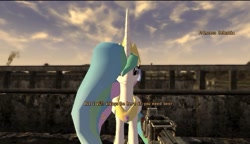 Size: 702x403 | Tagged: safe, princess celestia, alicorn, pony, unicorn, g4, 3d, crown, fallout, fallout: new vegas, female, game, jewelry, mare, peytral, regalia, solo, text