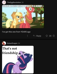 Size: 717x937 | Tagged: safe, edit, edited screencap, screencap, applejack, big macintosh, twilight sparkle, applebuck season, g4, apple, apple tree, bandage, dark comedy, injured, injured bandage, kidney, looking up, meme, sweet apple acres, that's not friendship, tree, wide eyes