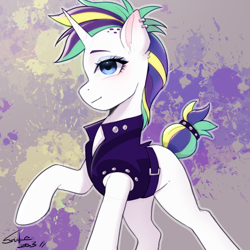 Size: 2048x2048 | Tagged: safe, artist:xiaowu07, rarity, pony, unicorn, g4, it isn't the mane thing about you, alternate hairstyle, clothes, female, high res, looking at you, mare, punk, raripunk, smiling, solo
