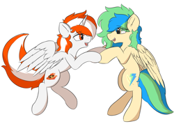 Size: 2951x2101 | Tagged: safe, artist:hcl, oc, oc only, oc:hcl, oc:speedy dashie, alicorn, pegasus, pony, bipedal, high res, holding hooves, horn, looking at each other, looking at someone, rearing, tail, wings
