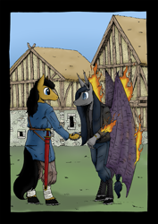 Size: 905x1280 | Tagged: safe, artist:darkhestur, oc, oc:dark, bat pony, earth pony, pony, anthro, album parody, anthro oc, baldric, bandage, bat pony oc, boots, bracelet, clothes, digitally colored, earth pony oc, fire, folded wings, handshake, horseshoes, houses, ink, jacket, jewelry, leather, leather jacket, looking at each other, looking at someone, monochrome, pants, pink floyd, ring, scabbard, shirt, shoes, sword, t-shirt, timber frame, traditional art, tunic, weapon, wings, wish you were here