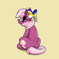 Size: 2000x2000 | Tagged: safe, artist:jubyskylines, cheerilee, earth pony, pony, g4, :p, bow, cheeribetes, cute, female, hair bow, high res, mare, simple background, sitting, solo, tongue out, yellow background