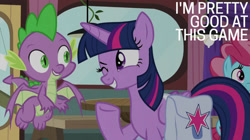 Size: 2000x1123 | Tagged: safe, edit, edited screencap, editor:quoterific, screencap, cup cake, spike, twilight sparkle, alicorn, dragon, pony, a trivial pursuit, g4, my little pony: friendship is magic, bag, one eye closed, saddle bag, twilight sparkle (alicorn), winged spike, wings, wink