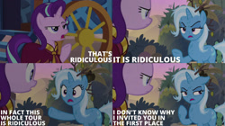 Size: 2000x1123 | Tagged: safe, edit, edited screencap, editor:quoterific, screencap, starlight glimmer, trixie, g4, my little pony: friendship is magic, road to friendship, hoo'far's wagon, messy hair, wagon