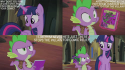 Size: 2000x1123 | Tagged: safe, edit, edited screencap, editor:quoterific, screencap, spike, twilight sparkle, alicorn, pony, g4, power ponies (episode), backpack, castle of the royal pony sisters, comic book, twilight sparkle (alicorn)