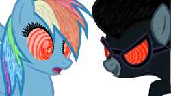 Size: 1280x720 | Tagged: safe, artist:jhilton0907, rainbow dash, pegasus, pony, g4, brainwashed, duo, female, hypno dash, hypno eyes, hypnosis, hypnotized, kaa eyes, mare, open mouth, open smile, shadowbolts, simple background, smiling, story included, transparent background