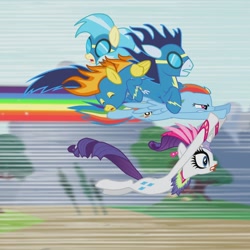 Size: 1440x1440 | Tagged: safe, screencap, misty fly, rainbow dash, rarity, soarin', spitfire, pegasus, pony, unicorn, g4, official, season 1, sonic rainboom (episode), animation error, clothes, cropped, eyes closed, female, flying, frown, goggles, male, mare, open mouth, spread wings, stallion, uniform, wings, wonderbolts uniform